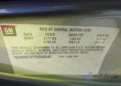 2007 Buick Lucerne Cxl z USA, uszkodzony, nr VIN 1G4HD57277U206040